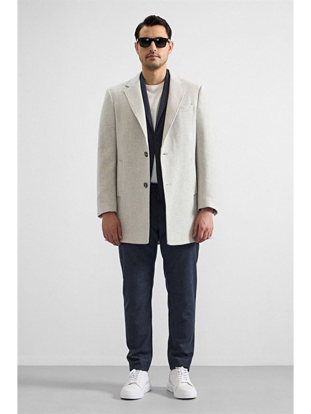 Gri Slim Mono Yaka Düz Yan Cepli Düğmeli Dolgusuz Standart Kaban-7