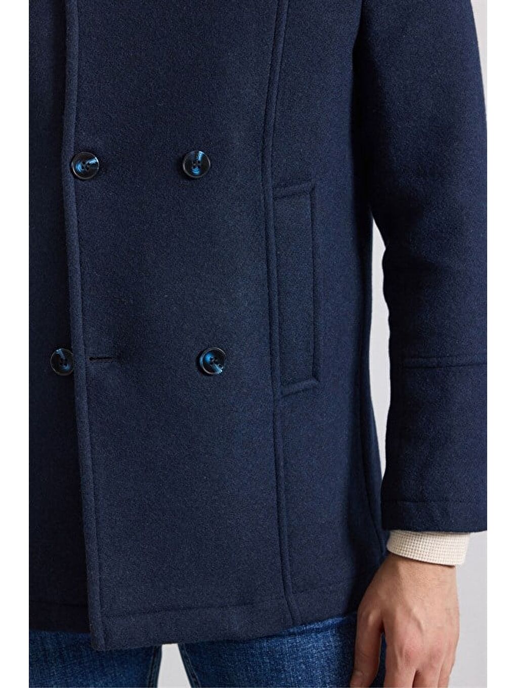 Lacivert Slim Kruvaze Yaka Düz Yan Cepli Düğmeli Dolgusuz Standart Kaban-3