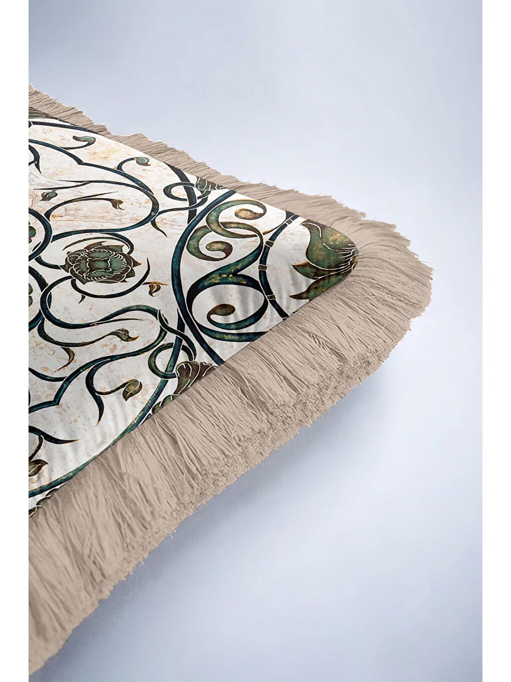 Karışık Lüks Art Nouveau Stil Saçaklı Yastık Kılıfı - Antik Etnik Yeşil Krem Püsküllü Kırlent Kılıfı-6