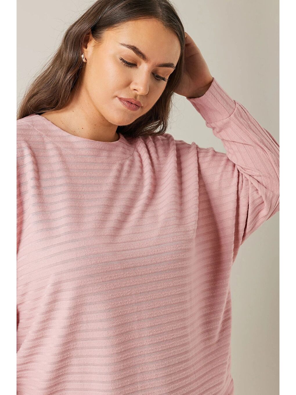 Pembe Büyük Beden Bisiklet Yaka Uzun Kollu Bluz 615589-4