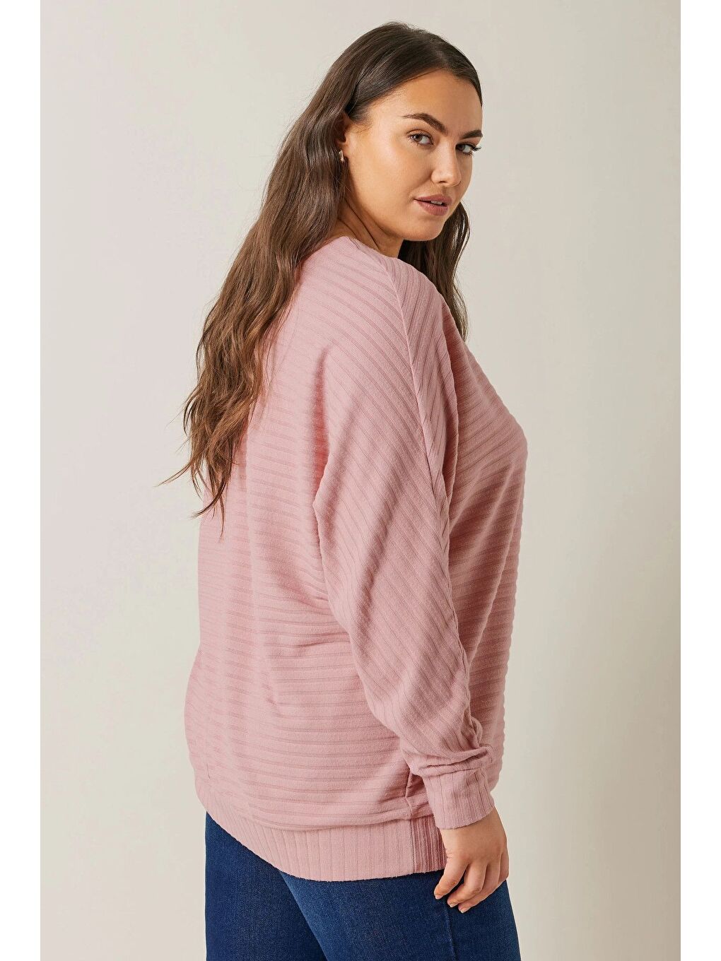 Pembe Büyük Beden Bisiklet Yaka Uzun Kollu Bluz 615589-5