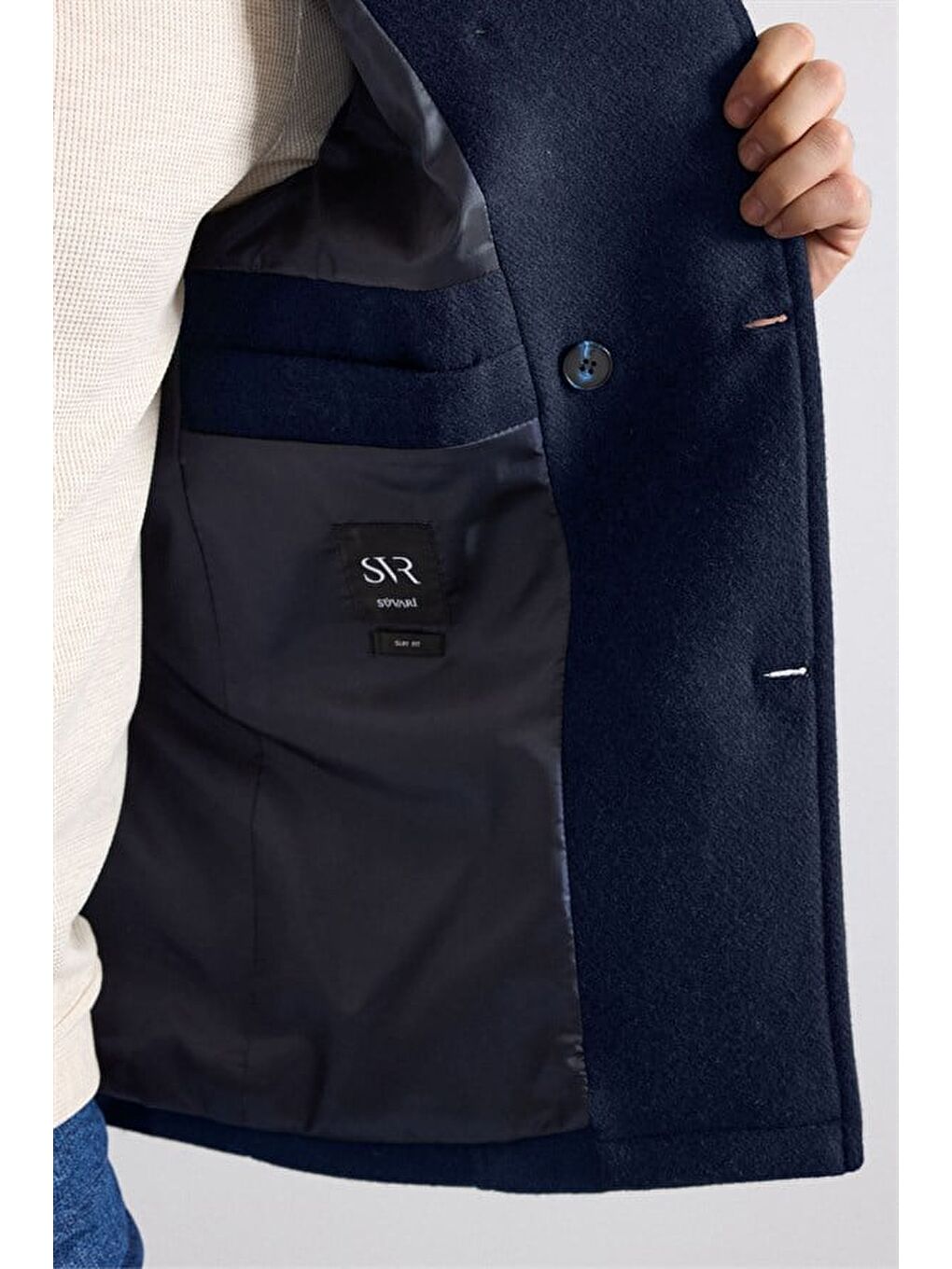 Lacivert Slim Kruvaze Yaka Düz Yan Cepli Düğmeli Dolgusuz Standart Kaban-4