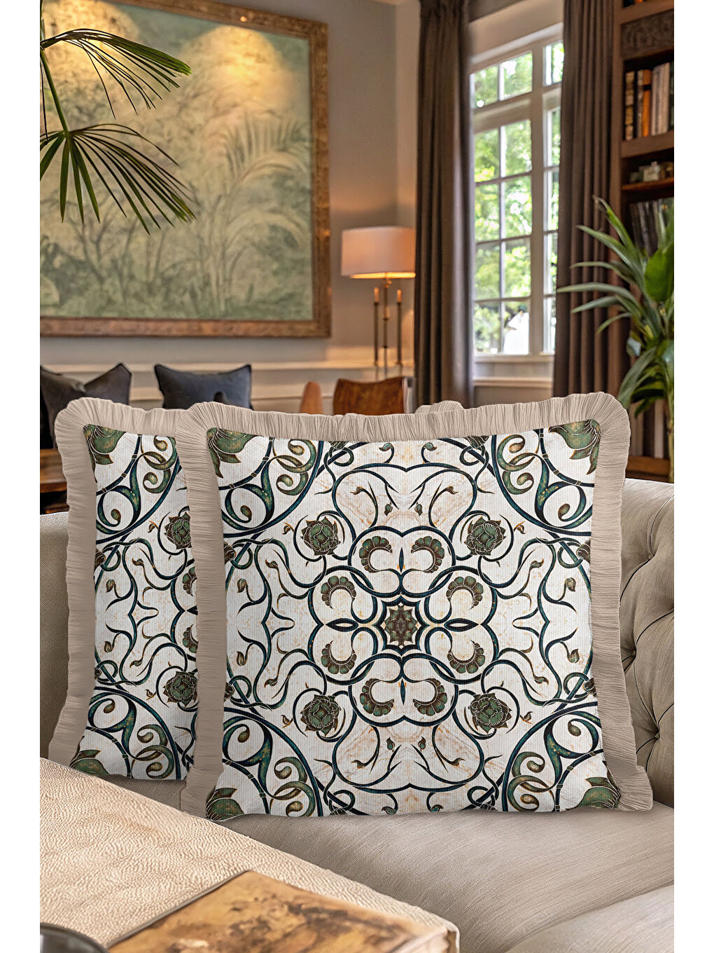 Karışık Lüks Art Nouveau Stil Saçaklı Yastık Kılıfı - Antik Etnik Yeşil Krem Püsküllü Kırlent Kılıfı-7