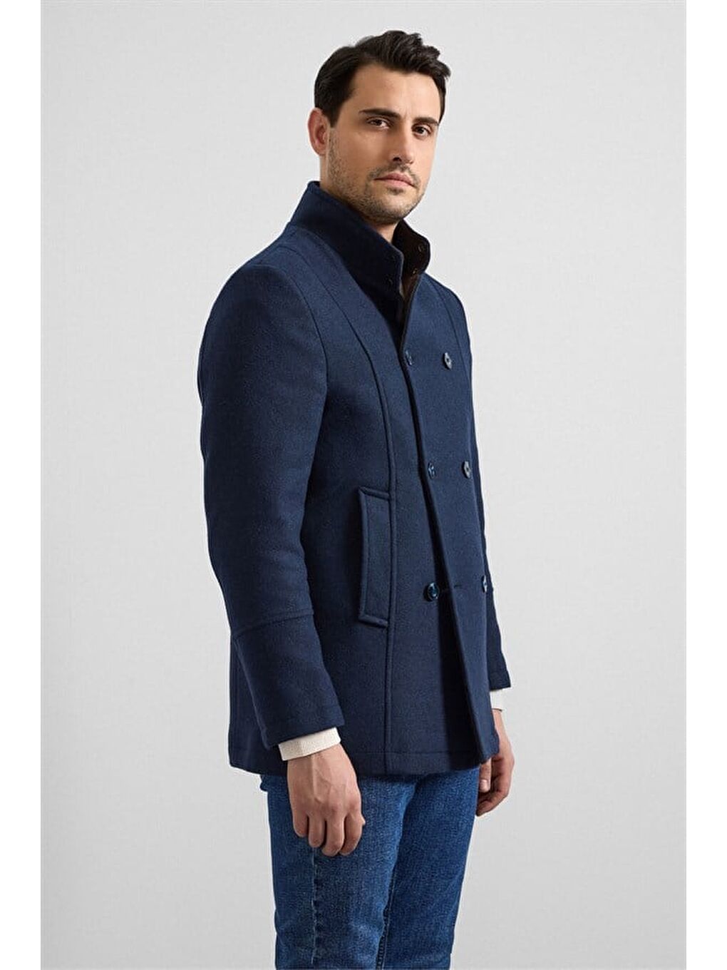 Lacivert Slim Kruvaze Yaka Düz Yan Cepli Düğmeli Dolgusuz Standart Kaban-5