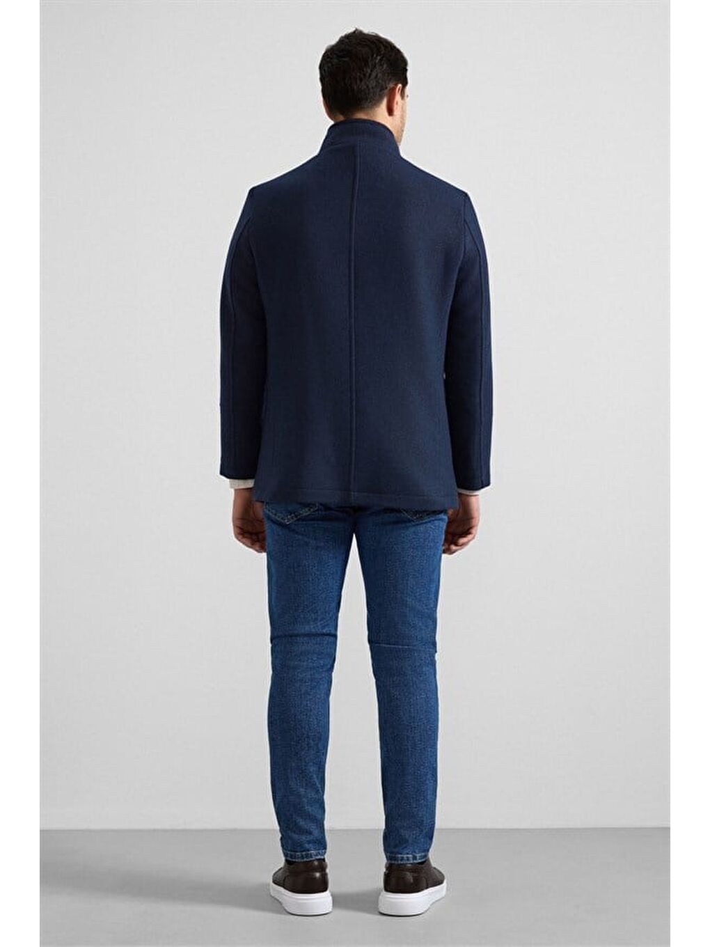 Lacivert Slim Kruvaze Yaka Düz Yan Cepli Düğmeli Dolgusuz Standart Kaban-6