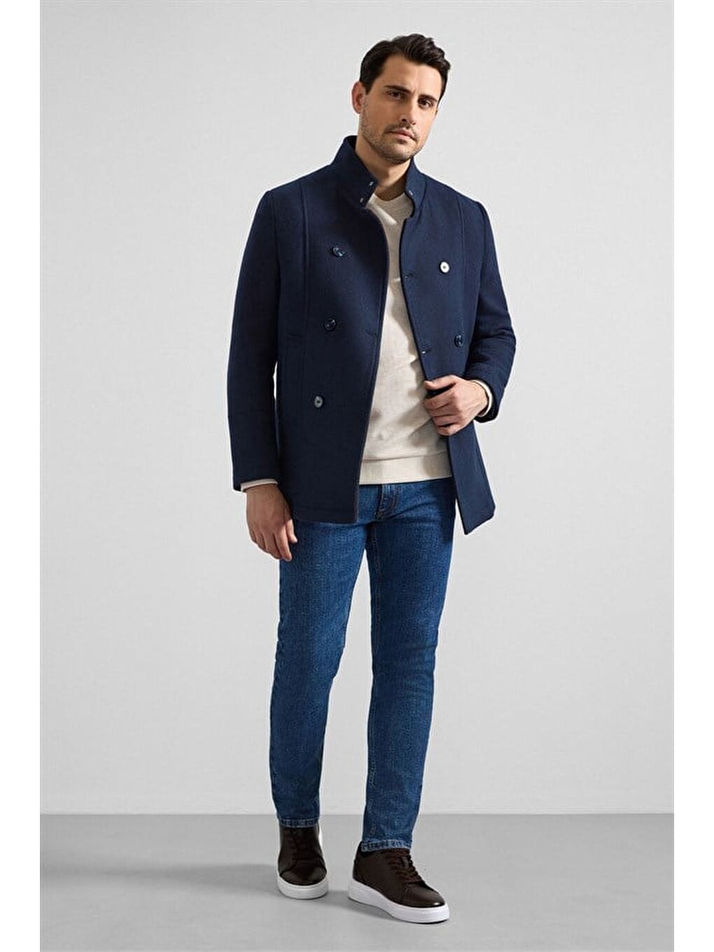 Lacivert Slim Kruvaze Yaka Düz Yan Cepli Düğmeli Dolgusuz Standart Kaban-7