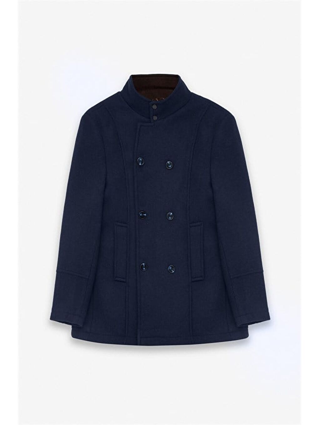 Lacivert Slim Kruvaze Yaka Düz Yan Cepli Düğmeli Dolgusuz Standart Kaban-8