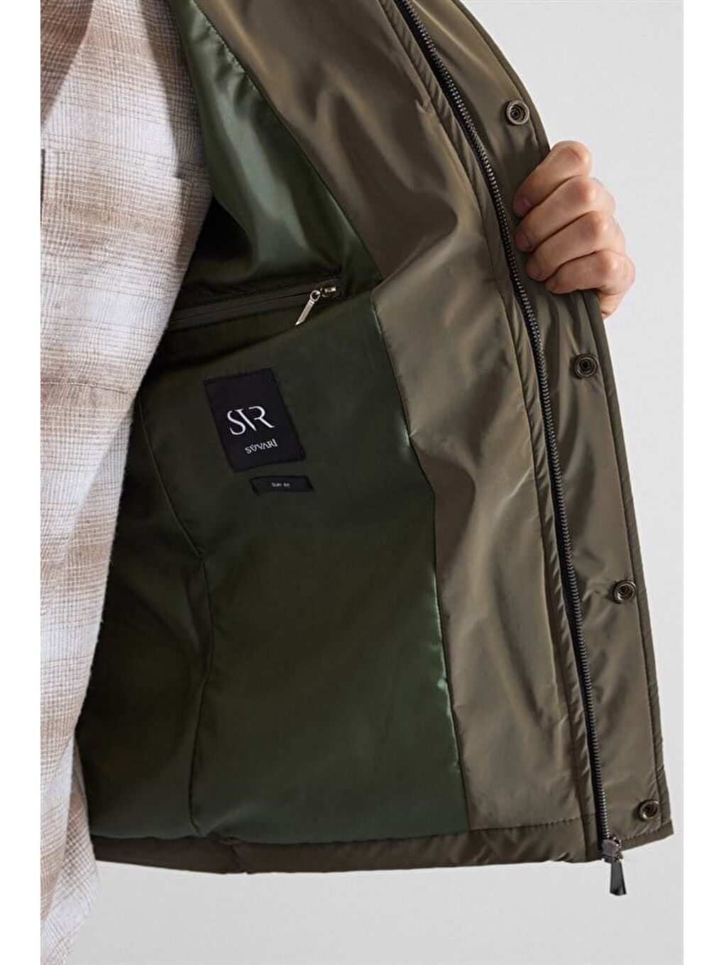 Koyu Haki Slim Gömlek Yaka Düz Torba Cep Fermuar + Çıtçıt Elyaf Dolgulu Standart Mont-3