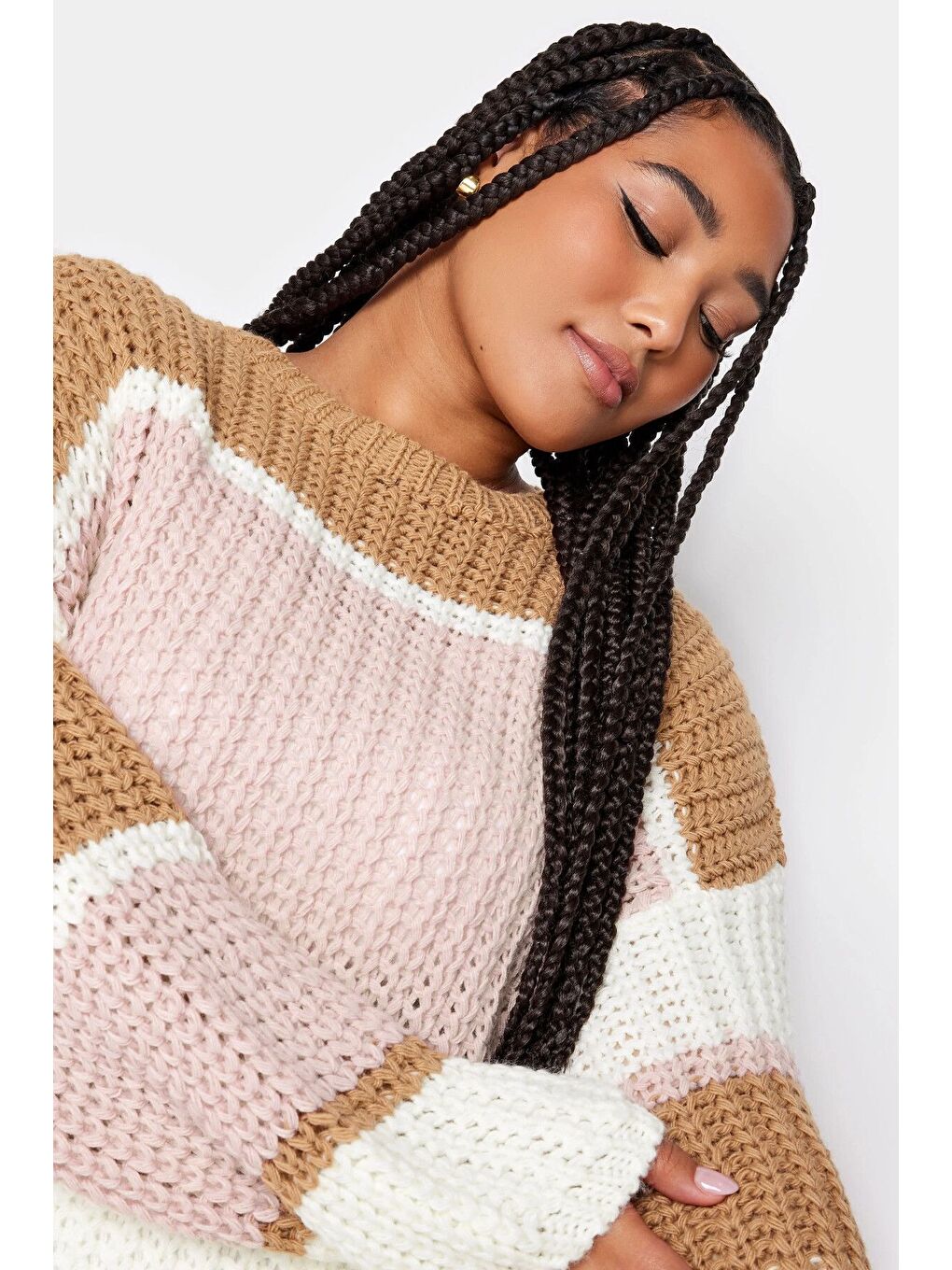 Kahverengi Büyük Beden Bisiklet Yaka Renk Bloklu Triko Örme Kazak 302317-3