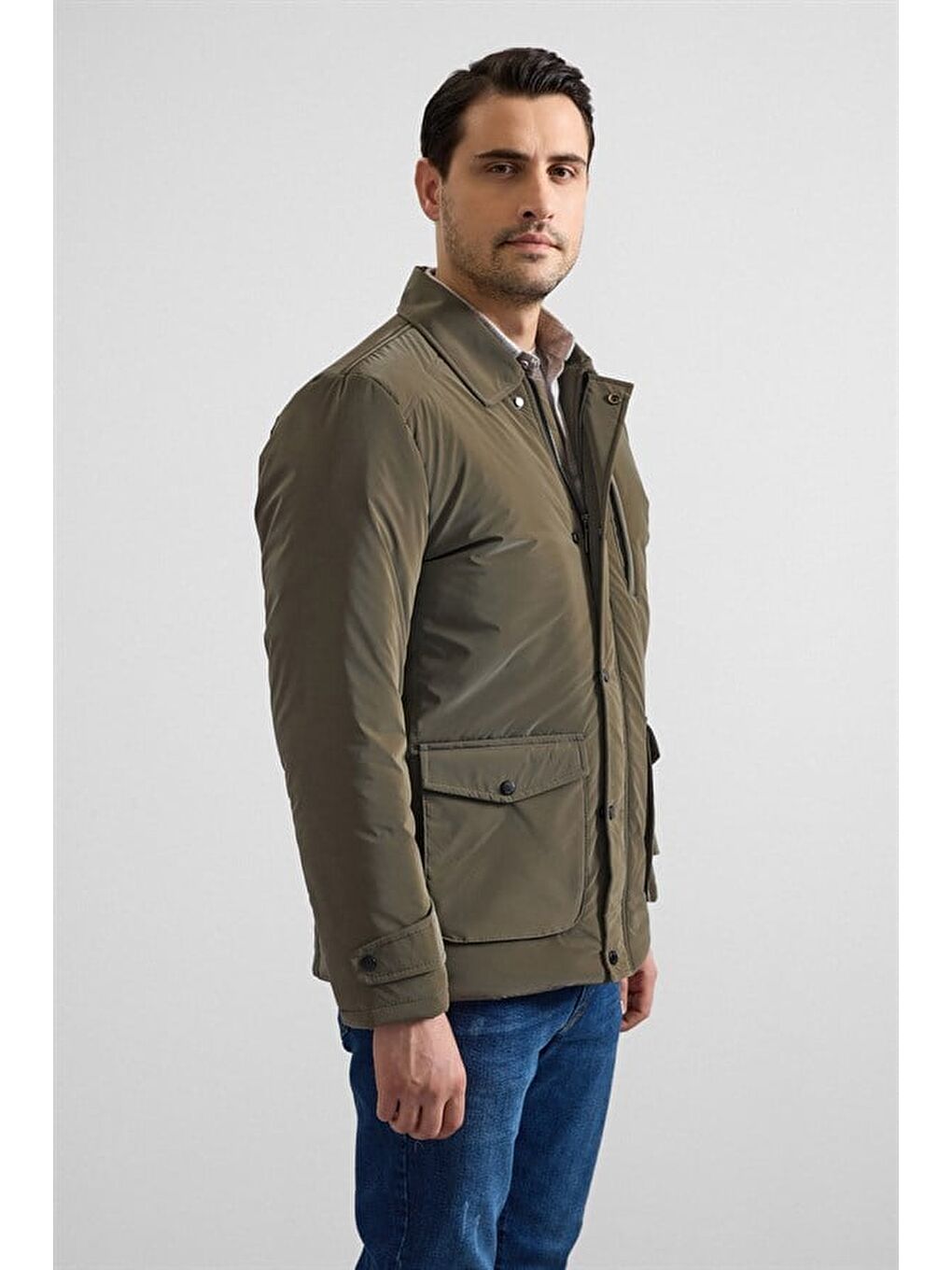 Koyu Haki Slim Gömlek Yaka Düz Torba Cep Fermuar + Çıtçıt Elyaf Dolgulu Standart Mont-5