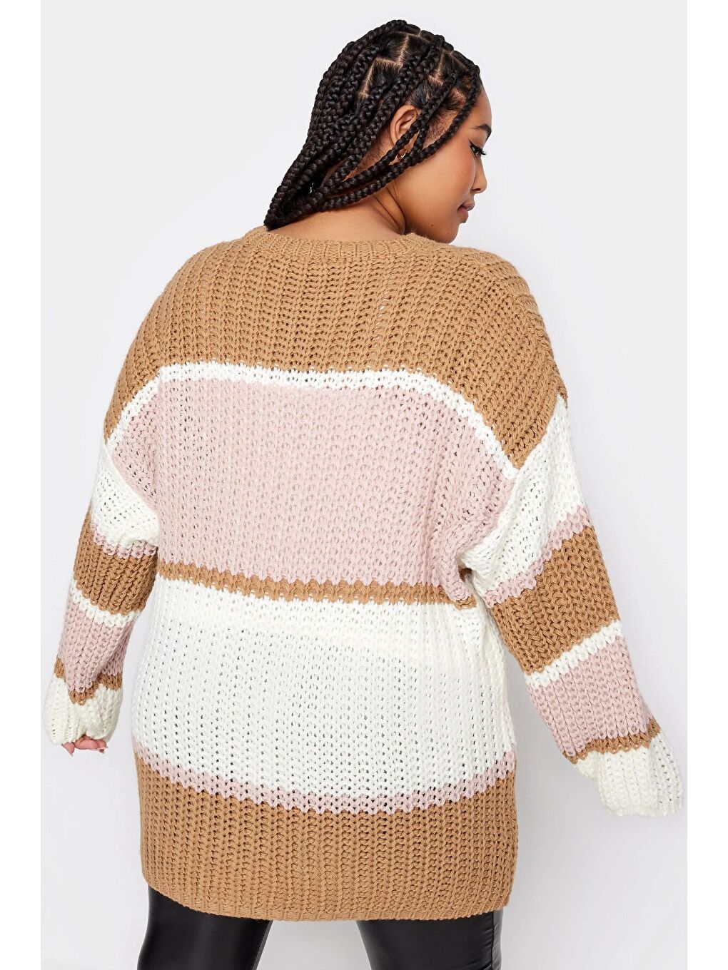 Kahverengi Büyük Beden Bisiklet Yaka Renk Bloklu Triko Örme Kazak 302317-4