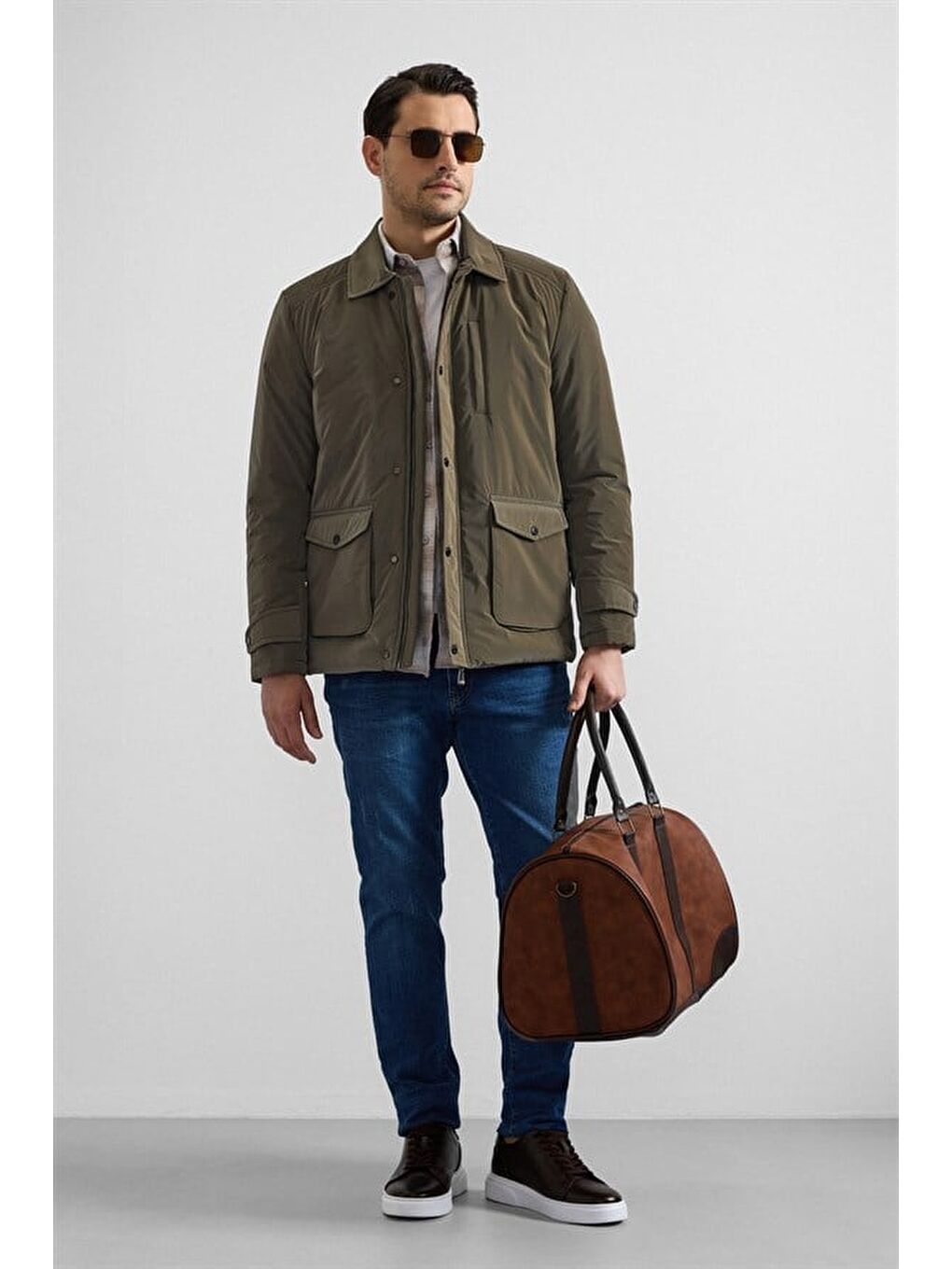 Koyu Haki Slim Gömlek Yaka Düz Torba Cep Fermuar + Çıtçıt Elyaf Dolgulu Standart Mont-6