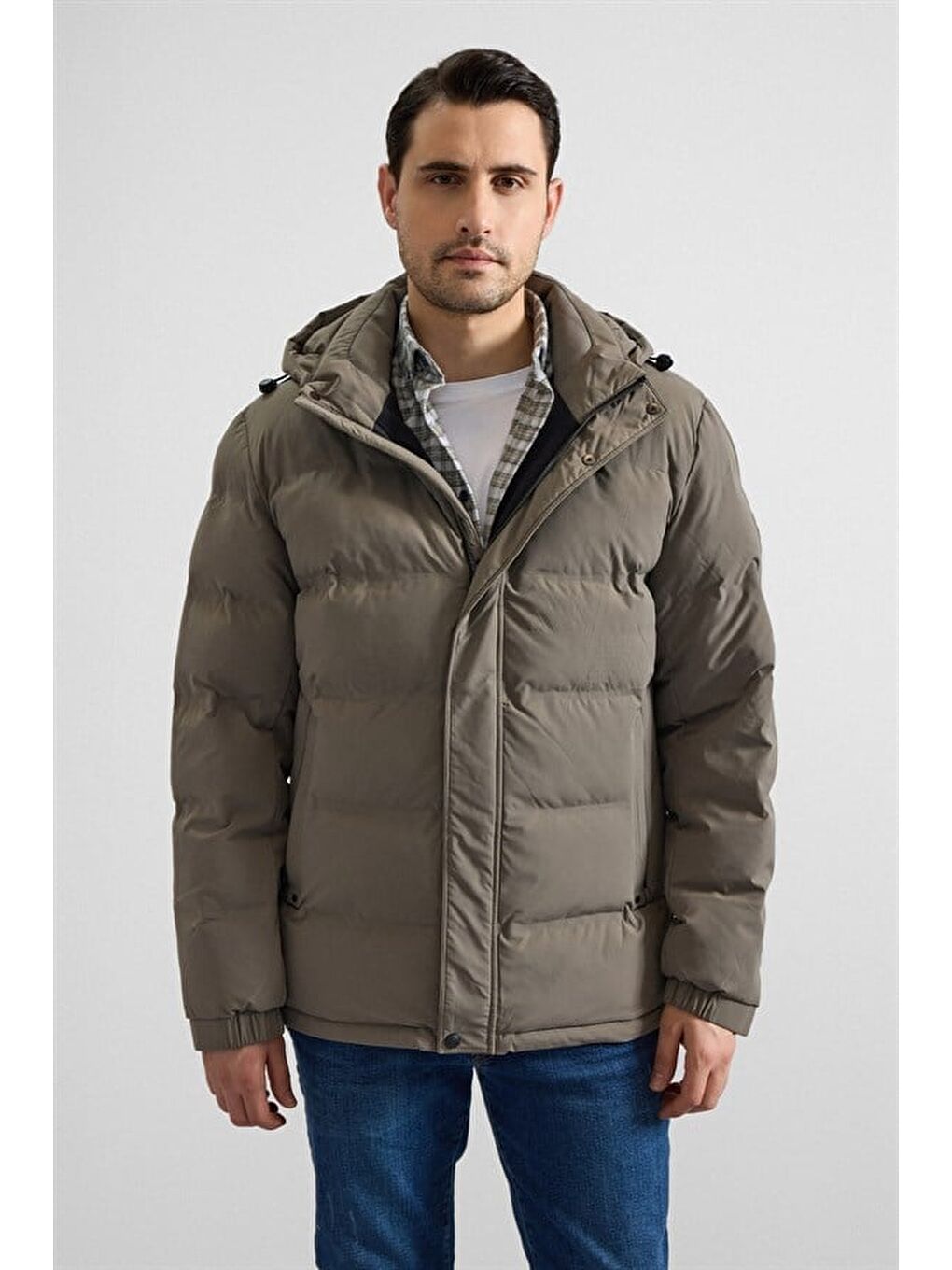 Haki Slim Dik Yaka Düz Cepsiz Fermuar + Çıtçıt Elyaf Dolgulu Standart Mont