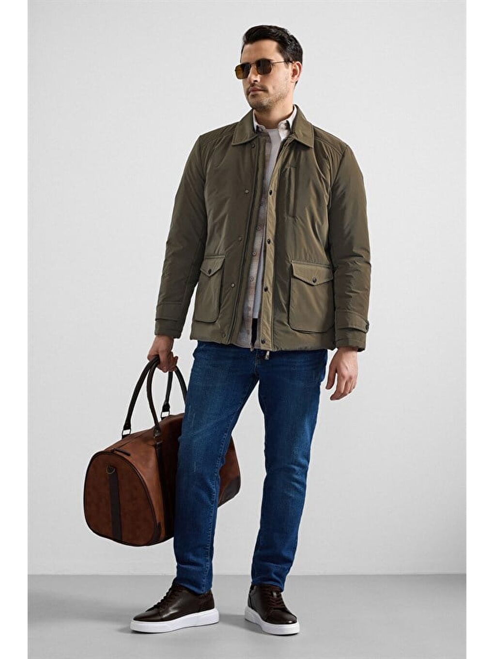 Koyu Haki Slim Gömlek Yaka Düz Torba Cep Fermuar + Çıtçıt Elyaf Dolgulu Standart Mont-8