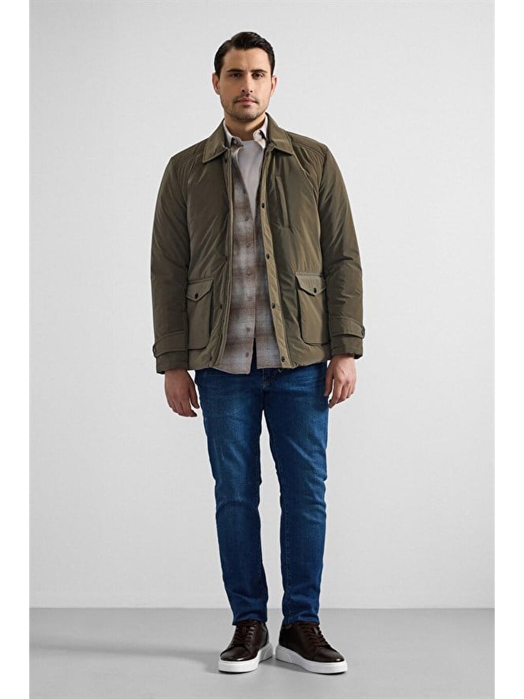 Koyu Haki Slim Gömlek Yaka Düz Torba Cep Fermuar + Çıtçıt Elyaf Dolgulu Standart Mont-9