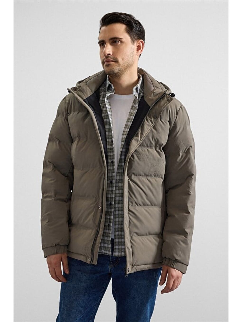 Haki Slim Dik Yaka Düz Cepsiz Fermuar + Çıtçıt Elyaf Dolgulu Standart Mont-1