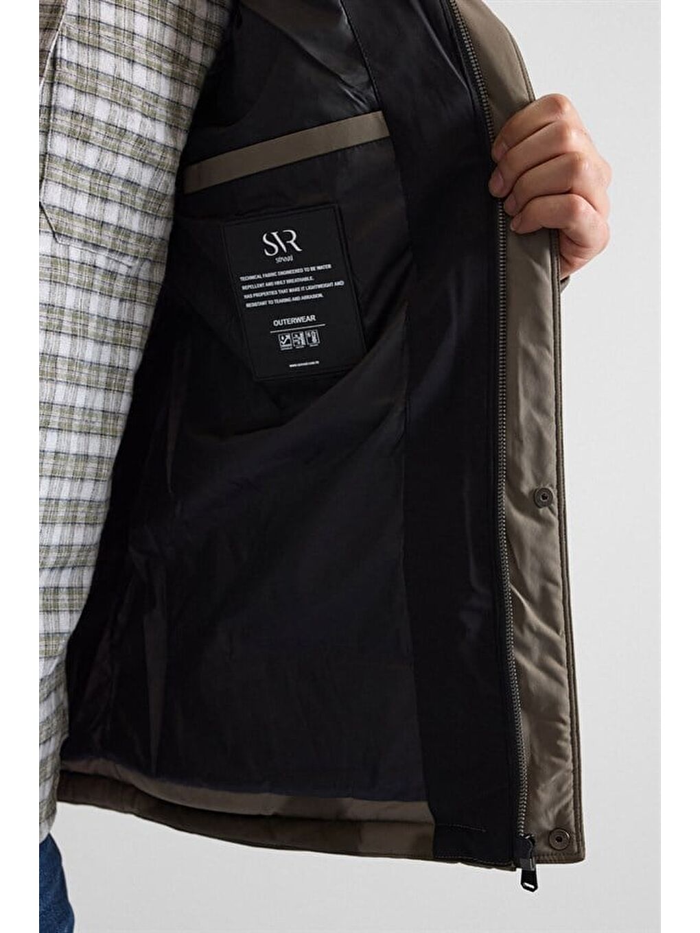 Haki Slim Dik Yaka Düz Cepsiz Fermuar + Çıtçıt Elyaf Dolgulu Standart Mont-5