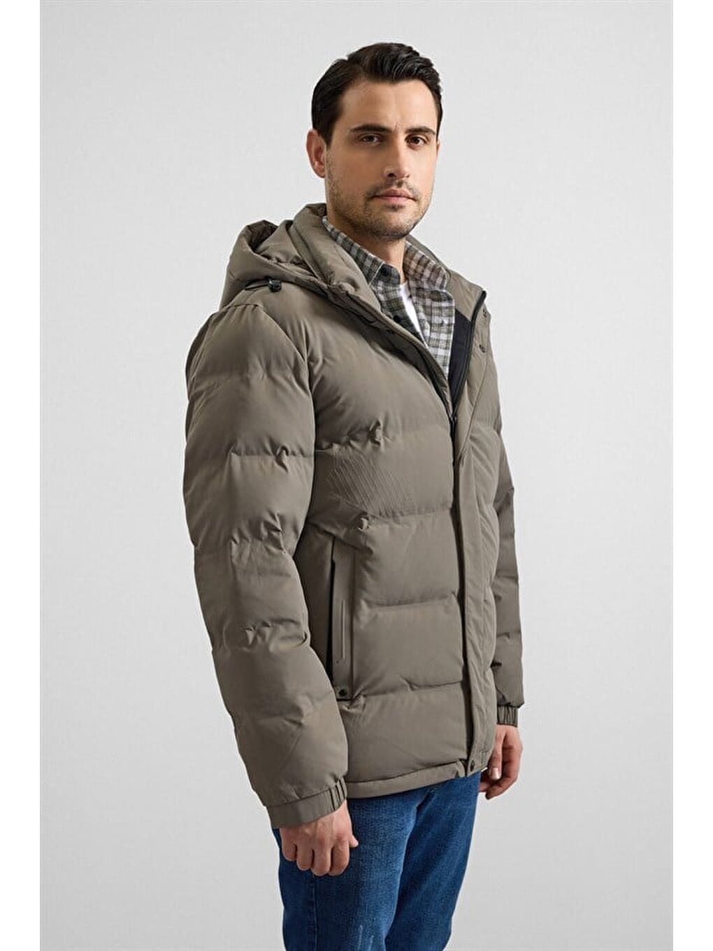 Haki Slim Dik Yaka Düz Cepsiz Fermuar + Çıtçıt Elyaf Dolgulu Standart Mont-7