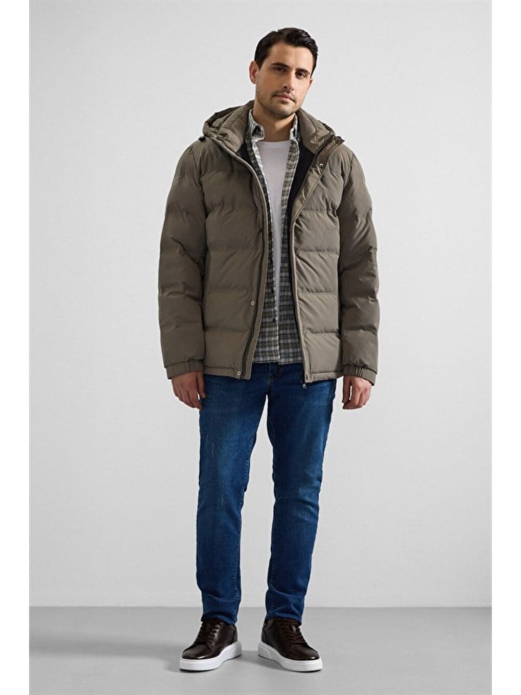 Haki Slim Dik Yaka Düz Cepsiz Fermuar + Çıtçıt Elyaf Dolgulu Standart Mont-8