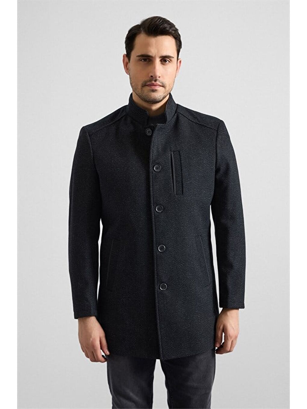 Siyah Regular Hakim Yaka Düz Yan Cepli Düğmeli Dolgusuz Standart Kaban-2