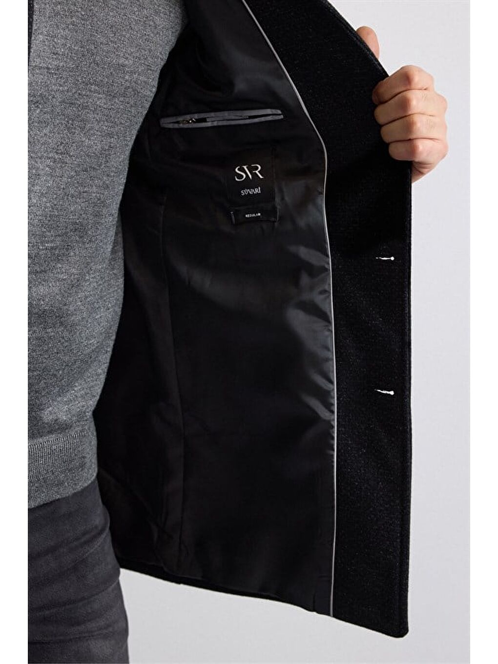 Siyah Regular Hakim Yaka Düz Yan Cepli Düğmeli Dolgusuz Standart Kaban-4