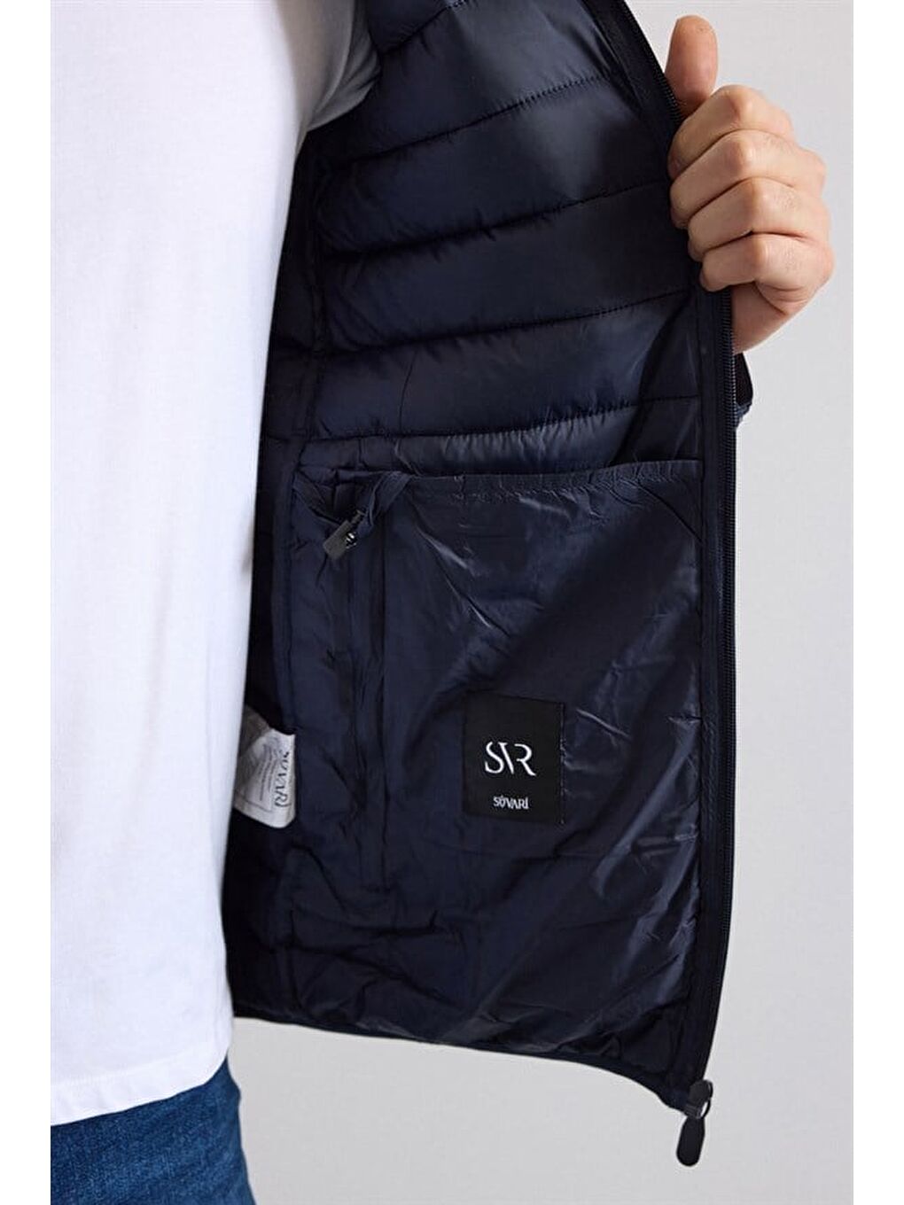 Lacivert Slim Yarım Balıkçı Yaka Yatay Çizgili Yan Cepli Fermuar Elyaf Dolgulu Standart Mont-2