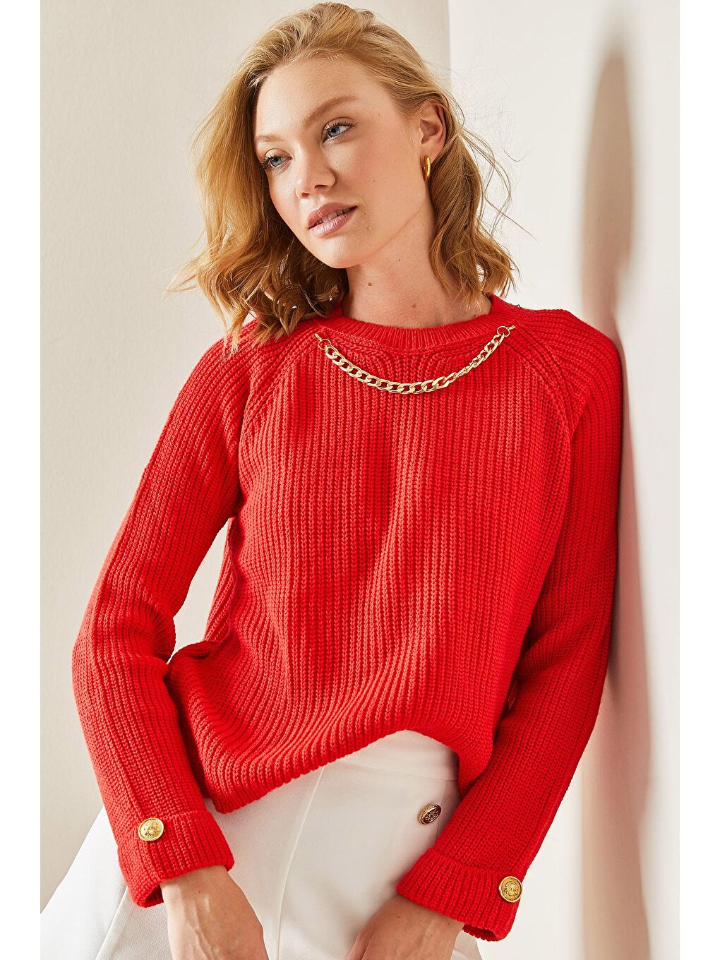 Kırmızı Zincir Detaylı Bisiklet Yaka Kazak 3YXK3-47504-04-1