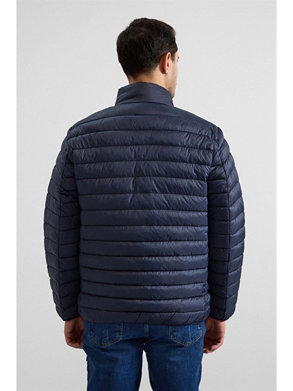 Lacivert Slim Yarım Balıkçı Yaka Yatay Çizgili Yan Cepli Fermuar Elyaf Dolgulu Standart Mont-3