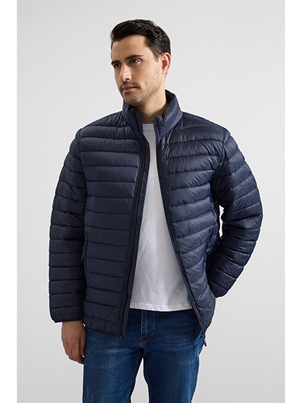 Lacivert Slim Yarım Balıkçı Yaka Yatay Çizgili Yan Cepli Fermuar Elyaf Dolgulu Standart Mont-4