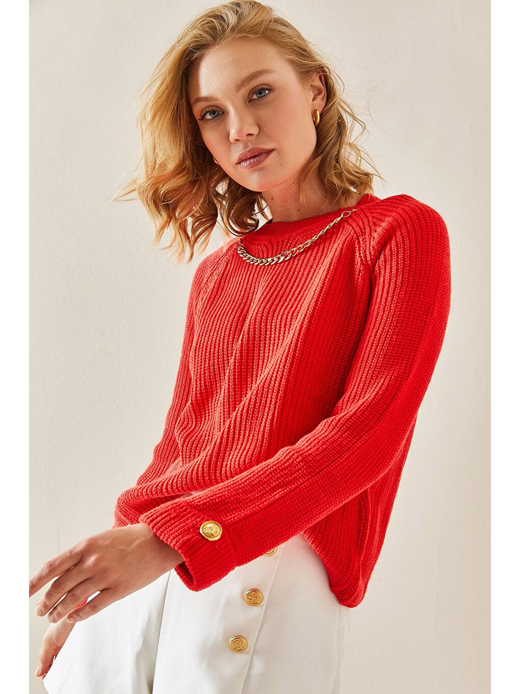 Kırmızı Zincir Detaylı Bisiklet Yaka Kazak 3YXK3-47504-04-2