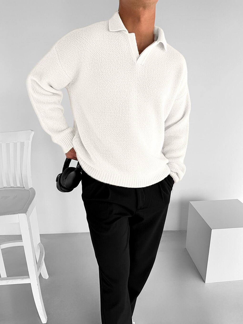 Erkek Oversize Dokulu Kazak Beyaz-1