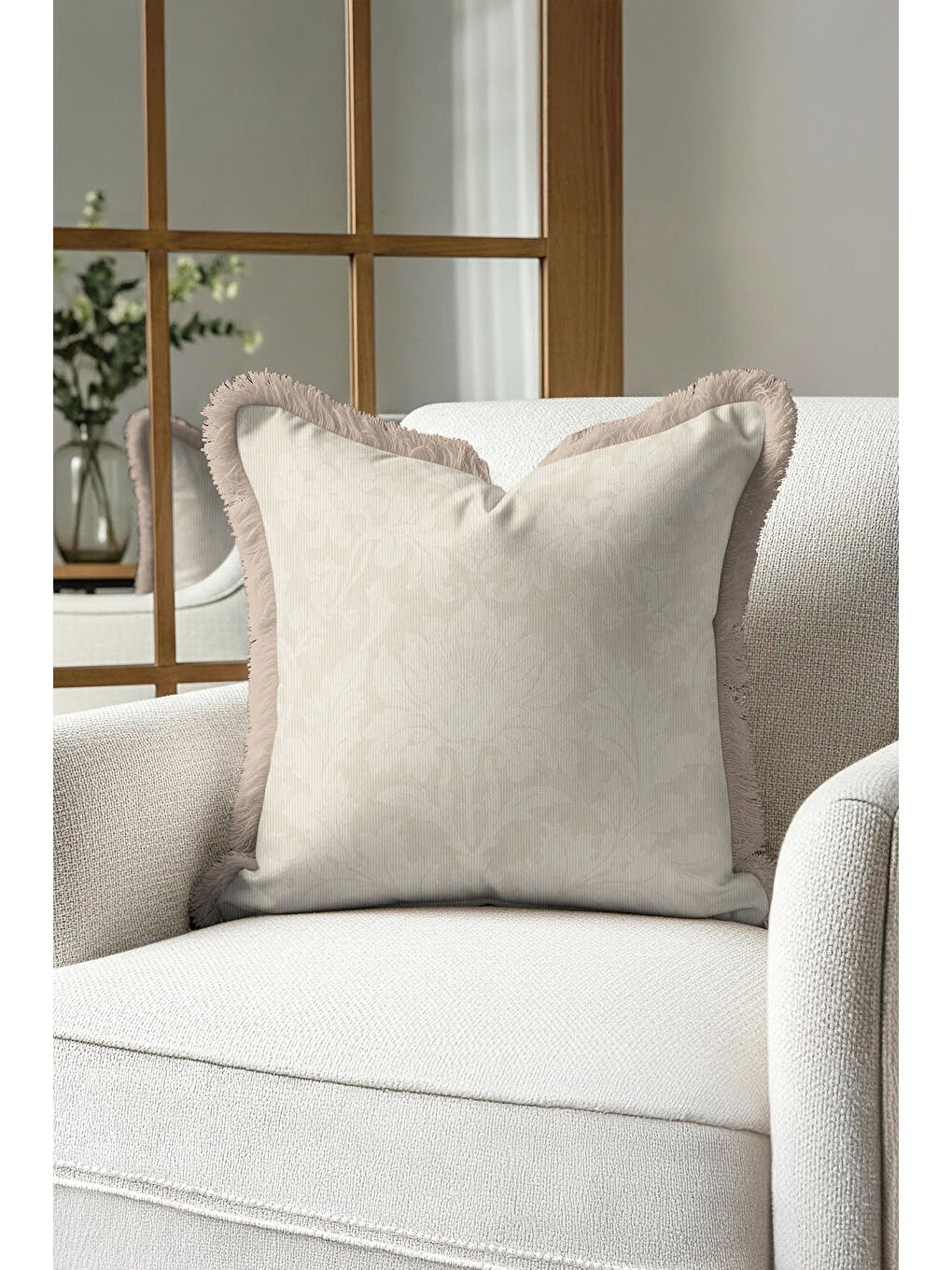 Karışık Barok Lüks Saçaklı Yastık Kılıfı - Krem Çiçek Motifli Klasik Bej Country Püsküllü Kırlent Kılıfı