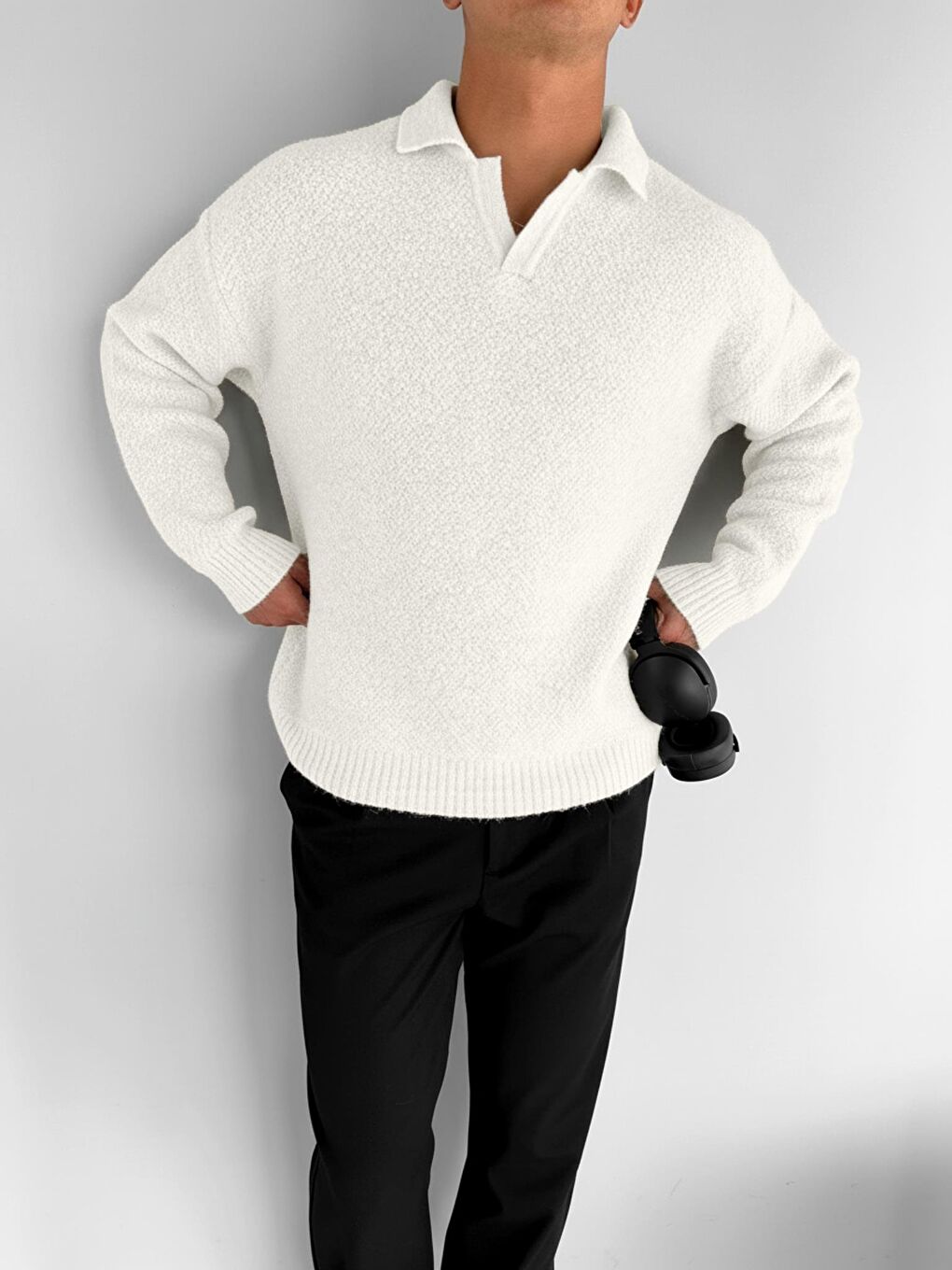 Erkek Oversize Dokulu Kazak Beyaz-2