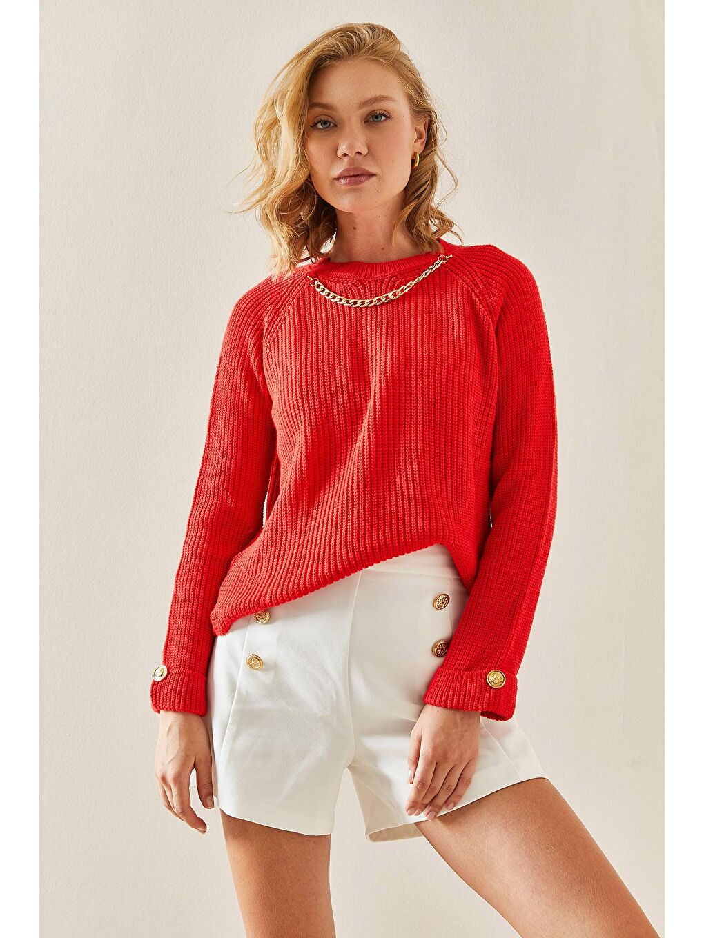 Kırmızı Zincir Detaylı Bisiklet Yaka Kazak 3YXK3-47504-04-3