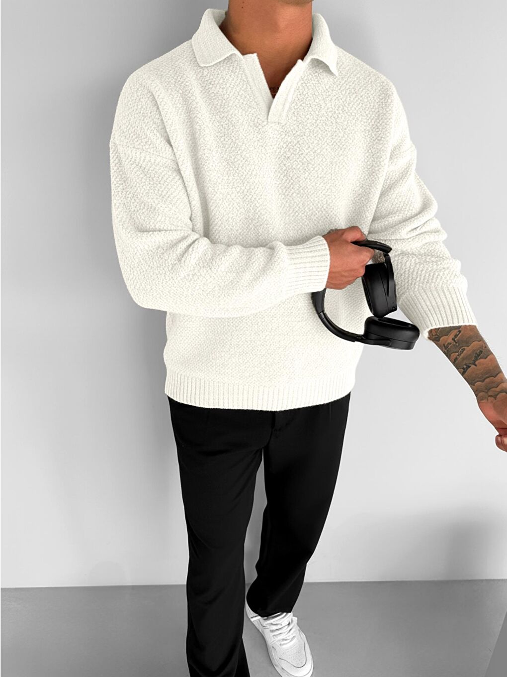 Erkek Oversize Dokulu Kazak Beyaz-3