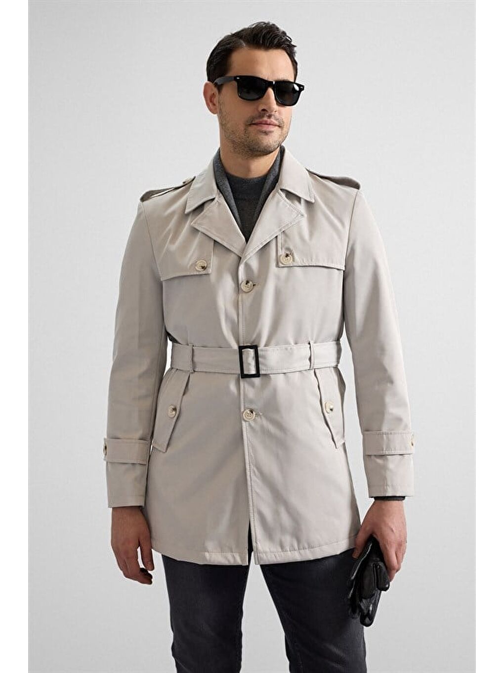 Gri Taş Slim Gömlek Yaka Düz Yan Cepli Düğmeli Dolgusuz Standart Trençkot