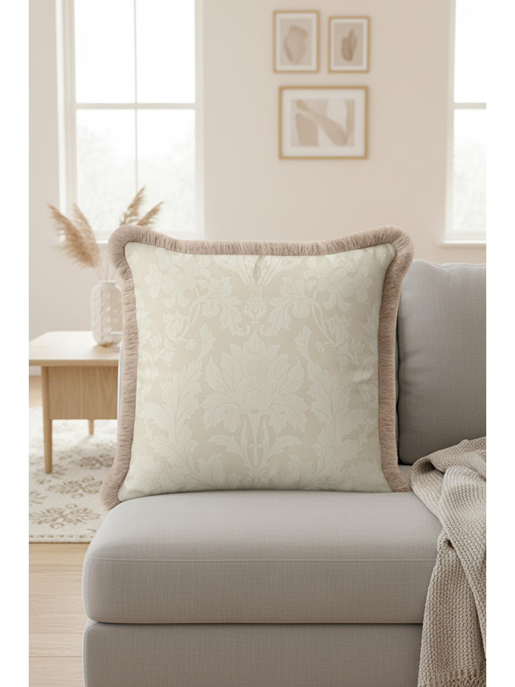 Karışık Barok Lüks Saçaklı Yastık Kılıfı - Krem Çiçek Motifli Klasik Bej Country Püsküllü Kırlent Kılıfı-1