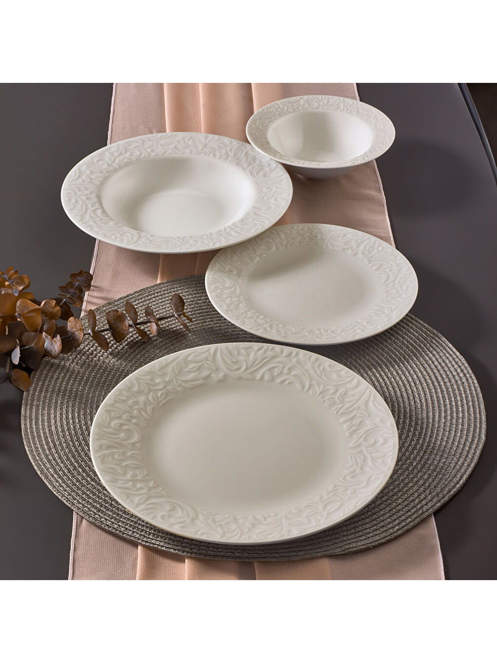 Ekru Bronte Bone 24 Parça 6 Kişilik Yemek Takımı-1