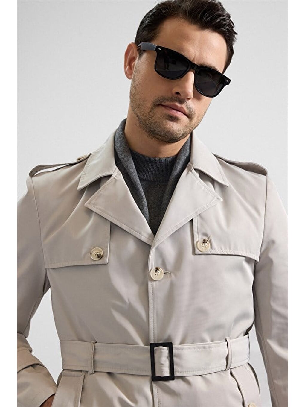 Gri Taş Slim Gömlek Yaka Düz Yan Cepli Düğmeli Dolgusuz Standart Trençkot-2
