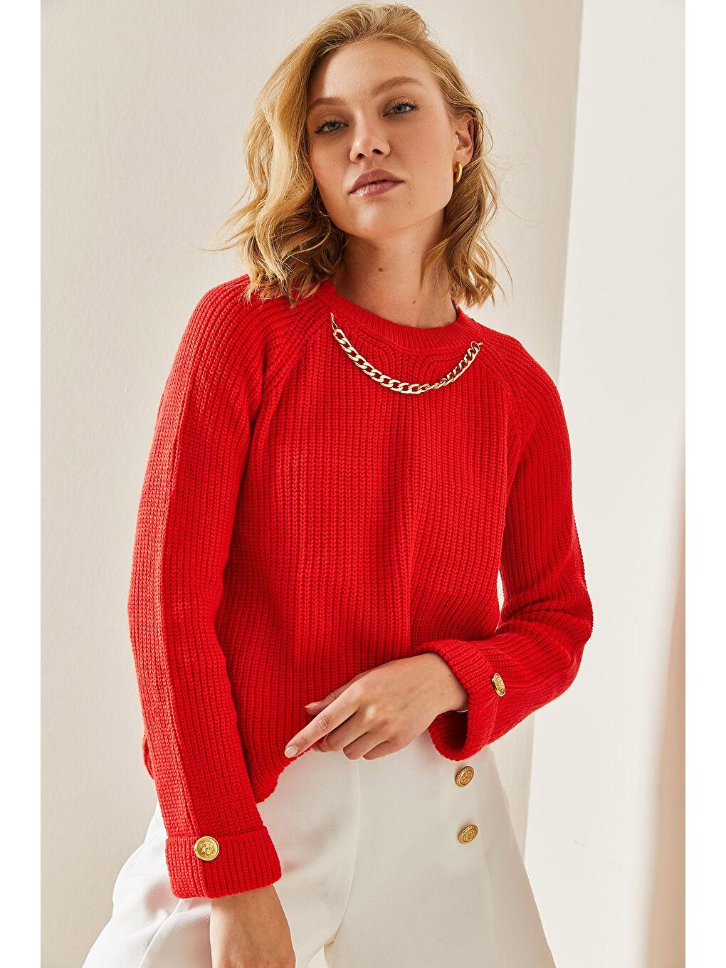 Kırmızı Zincir Detaylı Bisiklet Yaka Kazak 3YXK3-47504-04-4