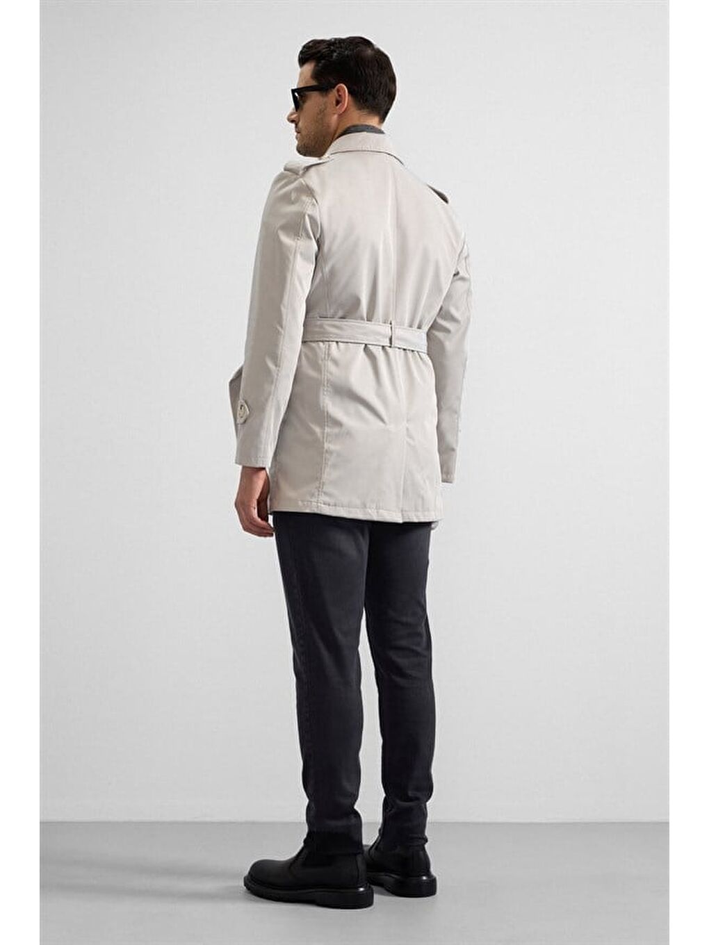 Gri Taş Slim Gömlek Yaka Düz Yan Cepli Düğmeli Dolgusuz Standart Trençkot-3