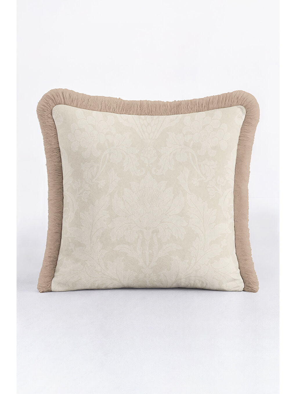 Karışık Barok Lüks Saçaklı Yastık Kılıfı - Krem Çiçek Motifli Klasik Bej Country Püsküllü Kırlent Kılıfı-3