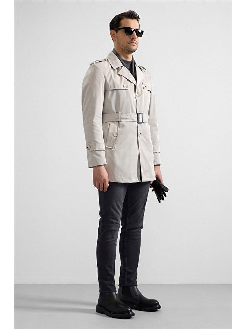 Gri Taş Slim Gömlek Yaka Düz Yan Cepli Düğmeli Dolgusuz Standart Trençkot-4