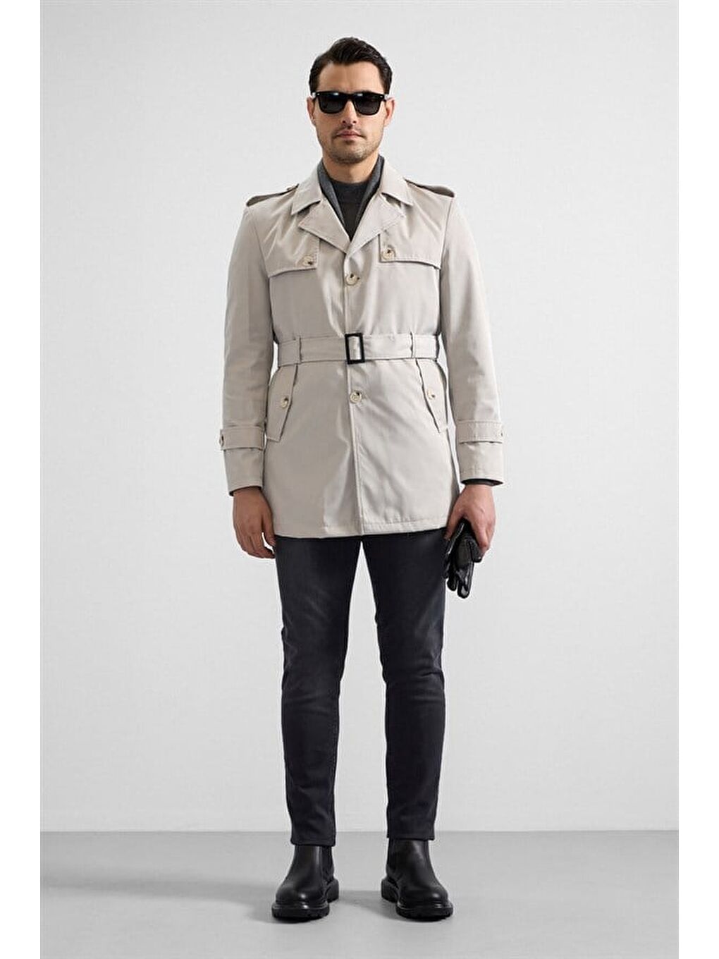 Gri Taş Slim Gömlek Yaka Düz Yan Cepli Düğmeli Dolgusuz Standart Trençkot-6