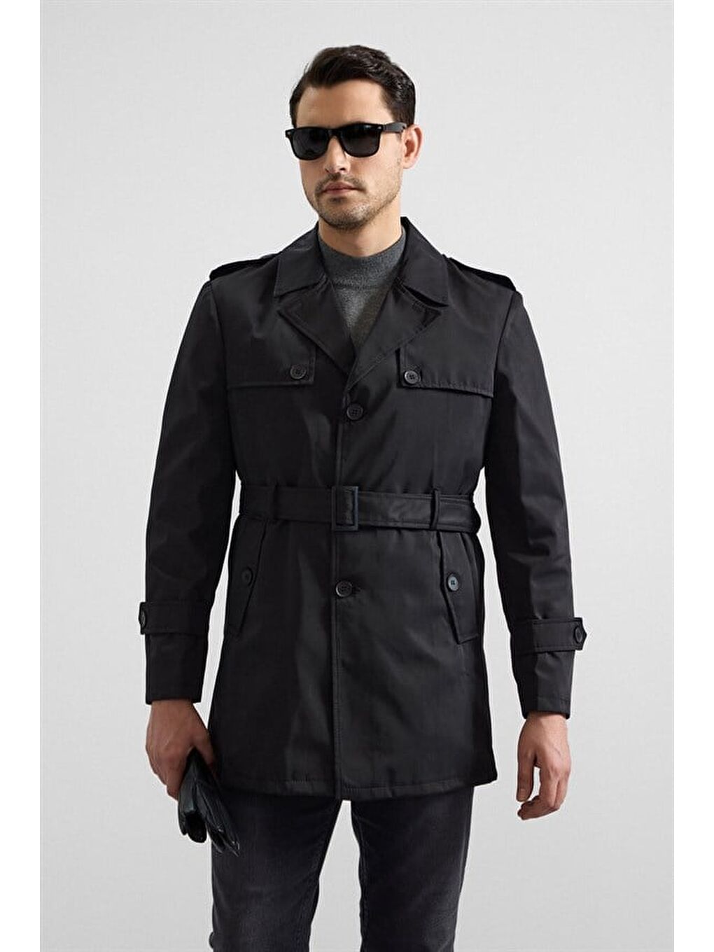 Siyah Slim Kruvaze Yaka Düz Yan Cepli Düğmeli Dolgusuz Standart Trençkot