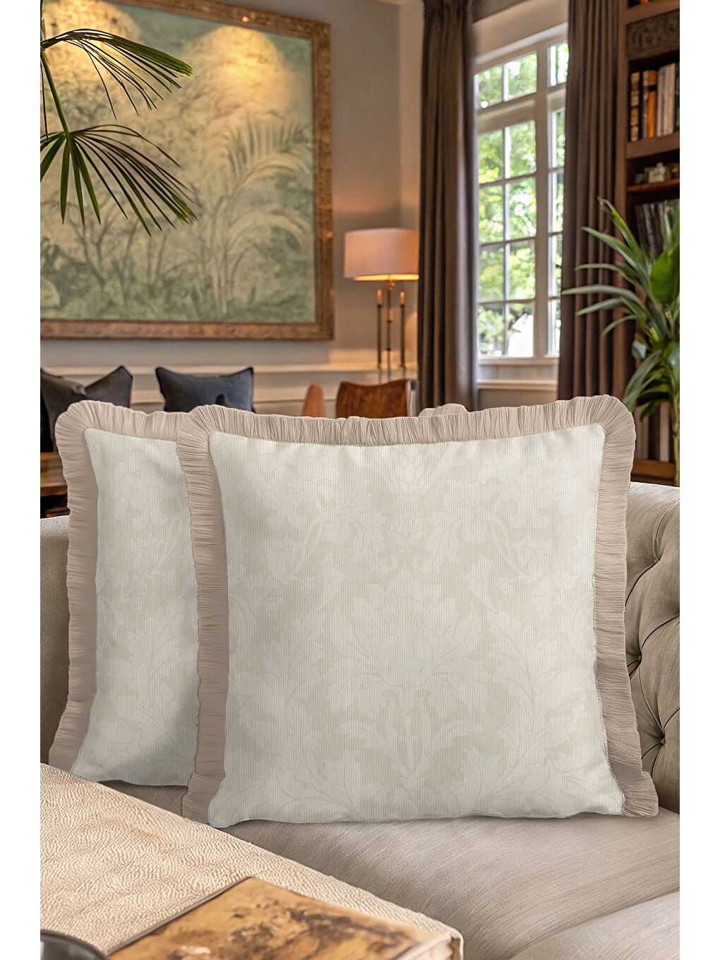 Karışık Barok Lüks Saçaklı Yastık Kılıfı - Krem Çiçek Motifli Klasik Bej Country Püsküllü Kırlent Kılıfı-7