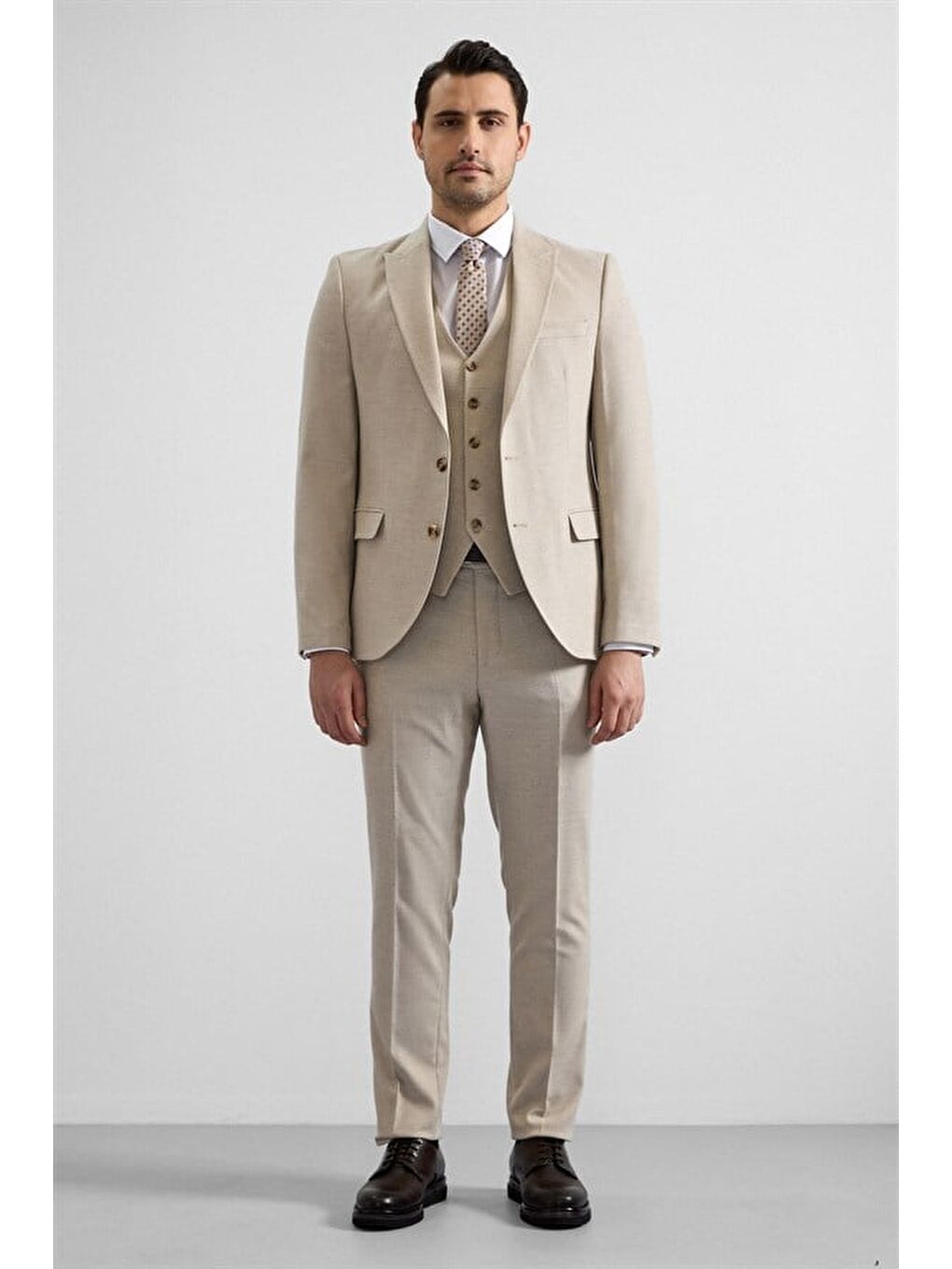 Bej Slim Sivri Yaka 6 Drop Yelekli Takım Elbise