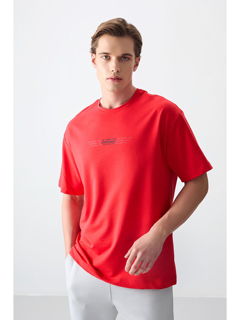 Kırmızı Fiesta Pamuklu Kalın Yumuşak Dokulu Oversize Fit Baskılı Erkek Tişört - 88374-3