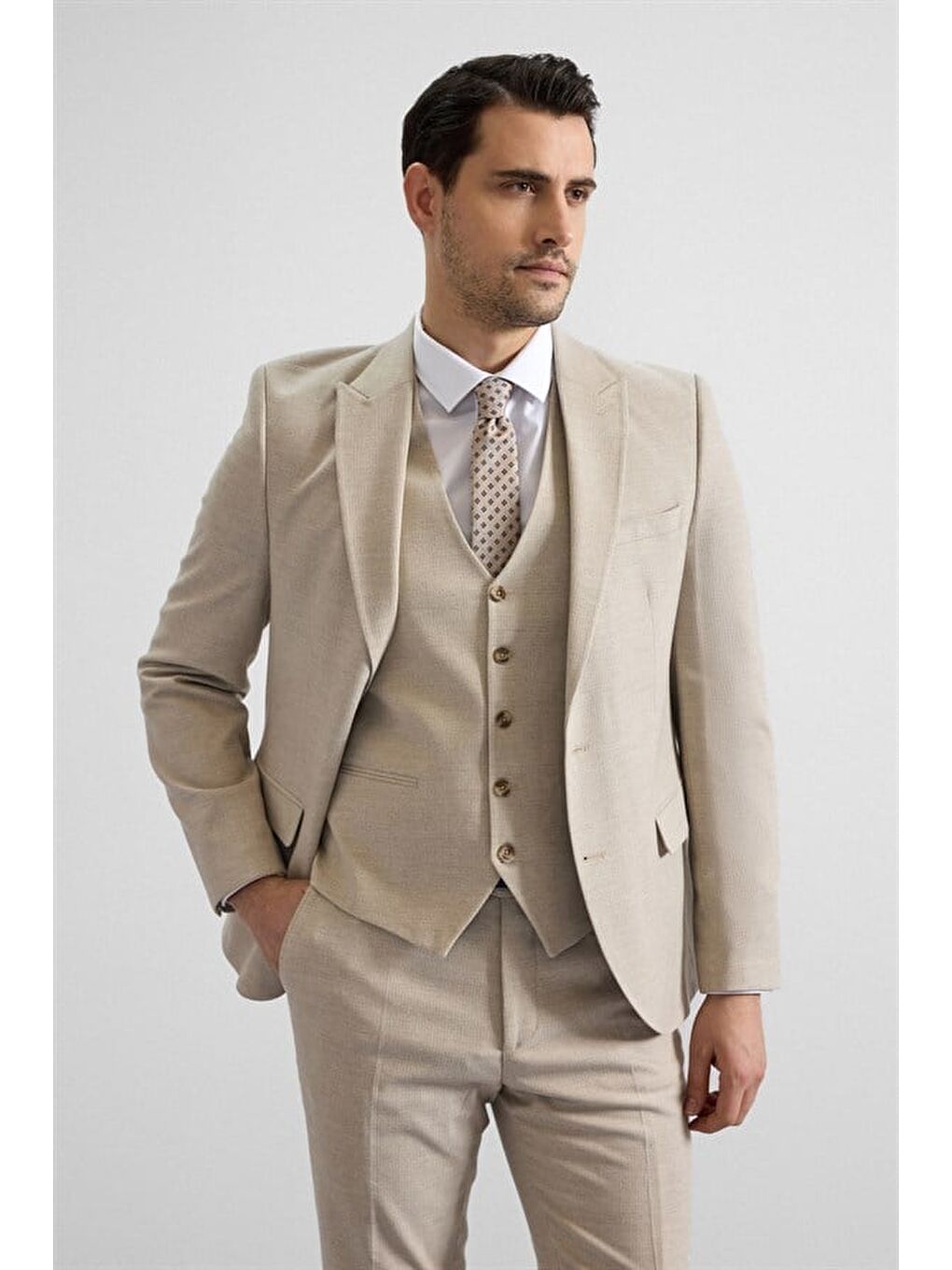 Bej Slim Sivri Yaka 6 Drop Yelekli Takım Elbise-1