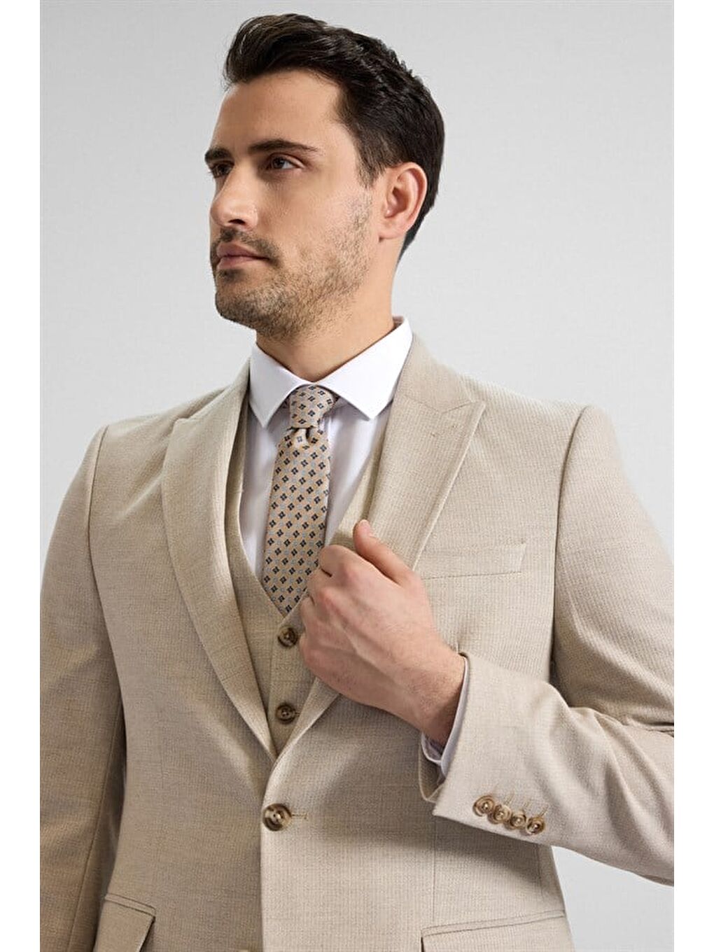 Bej Slim Sivri Yaka 6 Drop Yelekli Takım Elbise-2